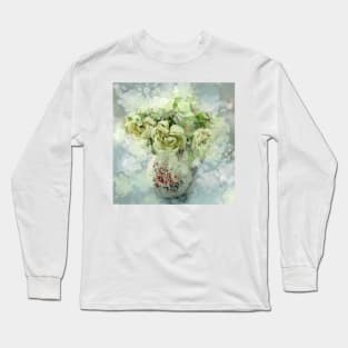 1980s mint green grey impressionism still life watercolor flowers Long Sleeve T-Shirt